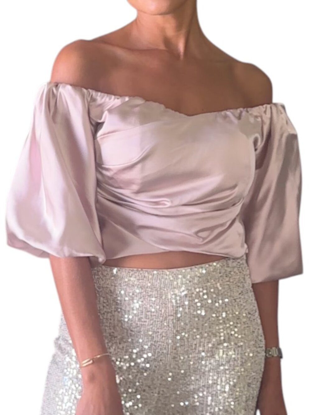 Express Rose Satin Off Shoulder Crop Top Puff Sleeve Smocked Back Lined Size S